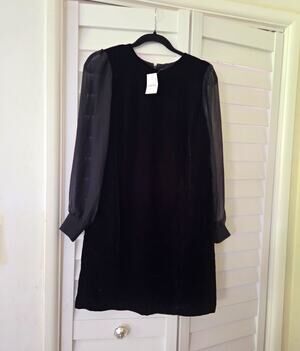 J.CREW Women’s Black Velvet Shift Dress Sheer Long Sleeve Round Neck Zip, 2